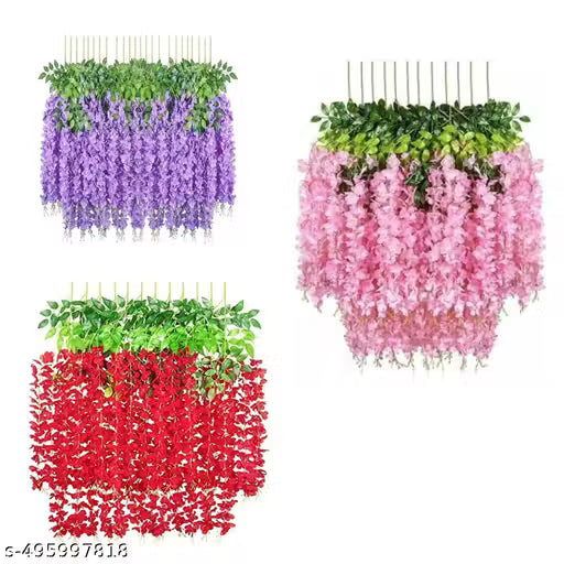 Pack Of 12 Piece Artificial Vine Fake Purple , Pink & Red Wisteria Hanging Garland Long Hanging Bush Flowers, String Home, Party Decor (4-Purple, 4-Pink, 4-Red)