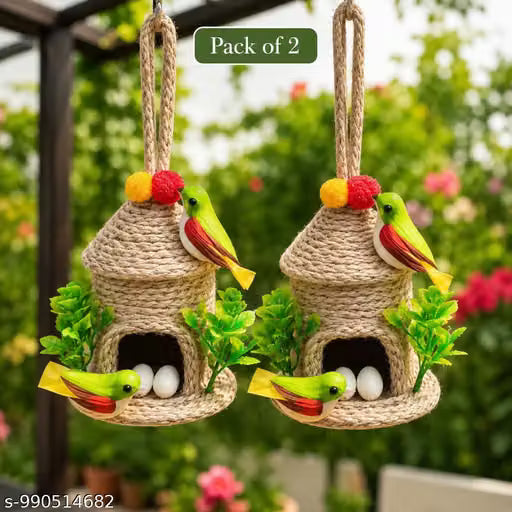 Pack of 2 Handmade Jute Bird Nest Wall Hanging for Home Decor | Hanging Bird House with Decorative Birds & Eggs | Balcony Garden Wall Decoration | Rustic Boho Wall Decor | Housewarming Gift