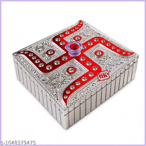 Premium Silver Plated Dry Fruit Gift Box with Red Swastik Design | Decorative Pooja Box for Diwali, Wedding, Housewarming & Festive Gifting
