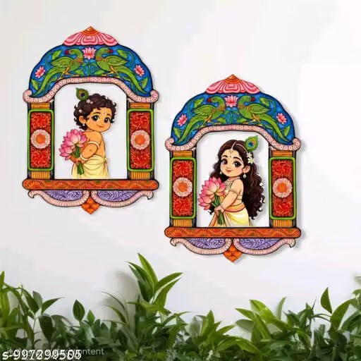 Premium Beautiful Radha Krishna Jharokha Designer Painting MDF Wooden Wall Decor Hanging Panel for Home Decoration | Office | Gift | Wall Decor Hanging Items | Wall Art | Living Room | Bedroom | Pack of 2 Pieces