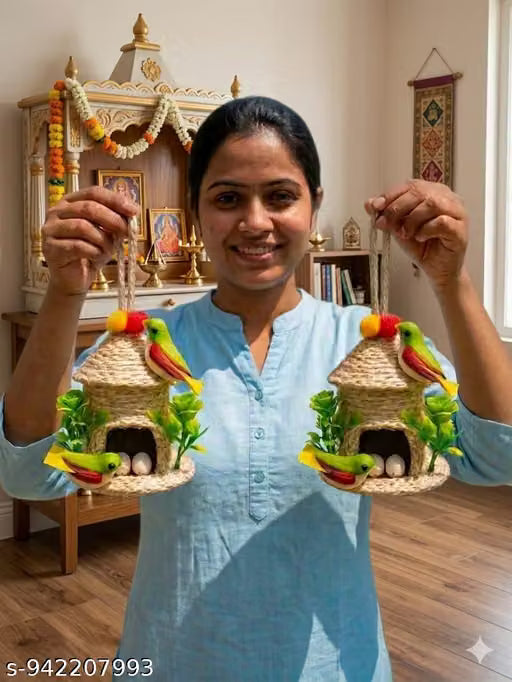 Pack Of 02) Artificial Hanging Birds with Hanging Nest Showpiece With Birds for Home