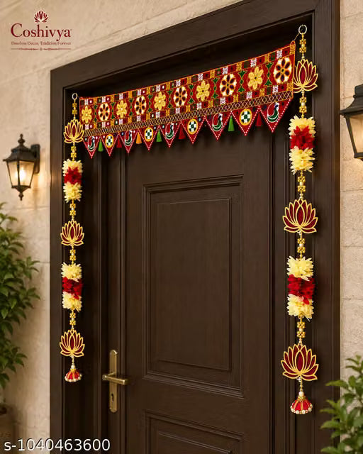 Coshivya Heavy Embroidered Door Hanging Toran Bandarwal with 2 Artificial Flower & Plastic Beaded Side Hangings | Traditional Handcrafted Embroidery, Decorative Beaded Entrance Toran for Diwali, Pooja, Wedding & Home Decor