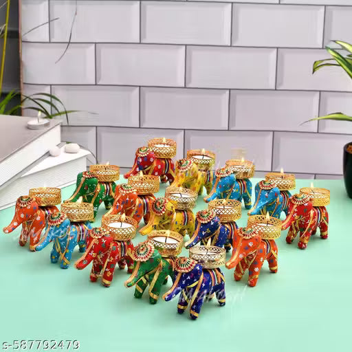 PACK OF 10 Handcrafted Colorful Elephant Tealight Candle Holders – Set of Decorative Rajasthani Tea Light Stands for Home, Diwali & Festive Décor