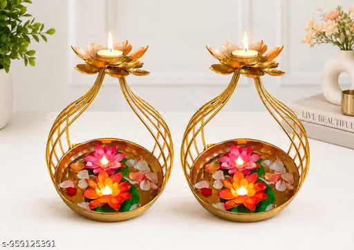 Set of 2 Metal Lotus Tealight Candle Holder with Decorative Bowl | Golden Finish Floating Flower Urli Diya Stand for Home Decor, Festival & Pooja Decoration