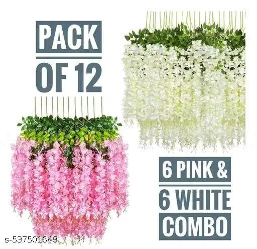 (Pack of 12 - pink & White ) (43.2Ft) Artificial Wisteria Vine| Ratta Fake Wisteria Hanging | Garland Silk Long Hanging Bush Flowers String for Home Party Wedding Décor
