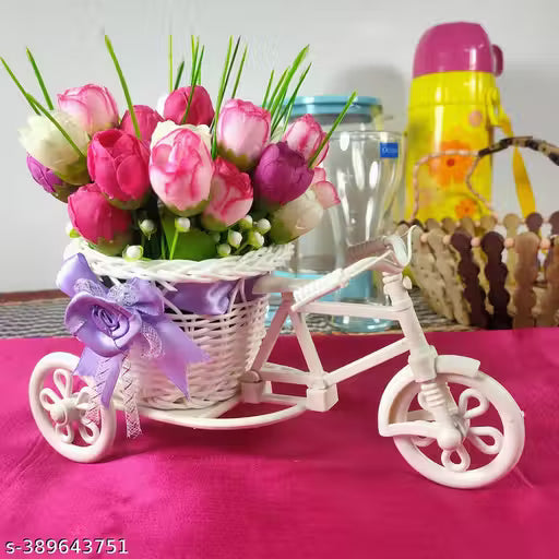 Decorative Flower Pot With Cycle Shape Flower Vase Cycle Shape or Rickshaw with Rose Bunches for Living Room Bedroom Drawing Room Table Home Decoration Multicolor Peony Artificial Flower with Pot (20 cm, Pack of 1, 8 Flower Bunch)