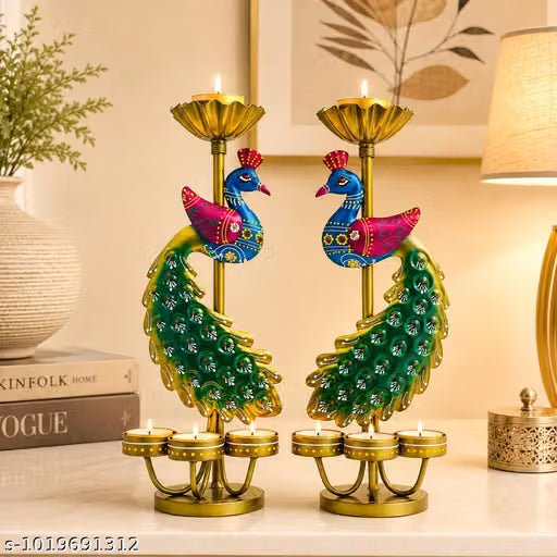 Handmade Peacock Tea Light Candle Holder Set of 2 | Hand-Painted Iron Metal Diya Stand with 6 Tea Light Cups | Decorative Candle Holder for Diwali, Pooja, Living Room, Home Décor | 12 x 5 Inch