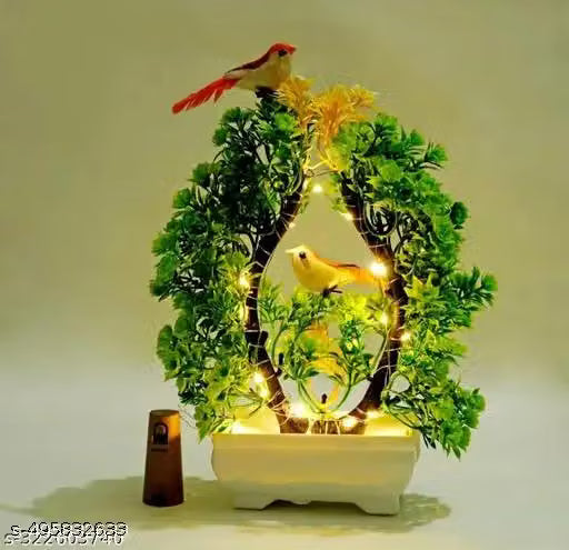 Artificial Bonsai Tree with Light & Sparrow - 'Living Room' Dining Table Decor |Home,Office Party Decor |Speacial Ocassion Indoor Decor | Festival Theme Decorative Gift for DIWALI | Perfect Gift for Couple - 23.5 CM - Yellow & Green Color