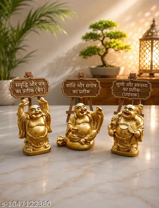 Laughing Buddha 3 Different Poses Set Figurine/Golden Statue/Decorative Showpiece/Happy & Chinese Coin for Money (Polyresin, Golden)