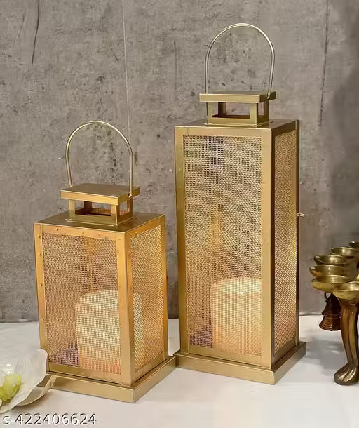 Metal Mesh Set of 2 Iron Lantern and Candle Tealight Holder for Home Decor Items | Candles for Home Decoration | Candle Holders for Home Decor | (Pack of 2)