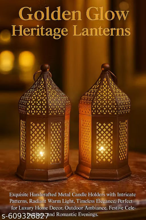 "Golden Glow Heritage Lanterns – Exquisite Handcrafted Metal Candle Holders with Intricate Patterns, Radiant Warm Light, Timeless Elegance, Perfect for Luxury Home Décor, Outdoor Ambiance, Festive Celebrations, and Romantic Evenings."