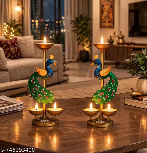 Peacock Candle Holder Diya Stand for Home Temple Décor | Handcrafted Metal Tealight Holder for Pooja, Diwali & Festive Decoration
