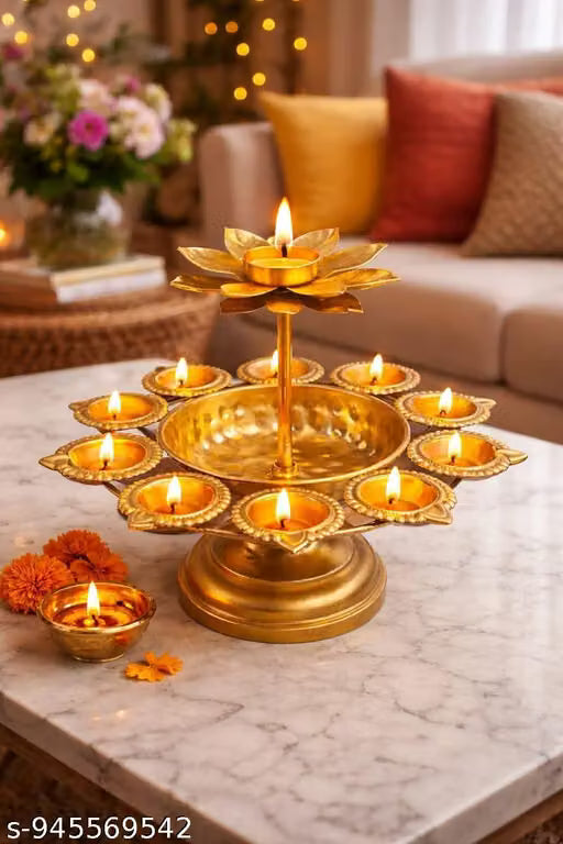 Diwali Decoration Items for Home Decor, Urli Bowl Diya Stand for Home Decor, Urli Lotus Candle Holder Set, Deepavali Decoration Items, Diwali Gifts for Family Friends (8.8 Inch Height)