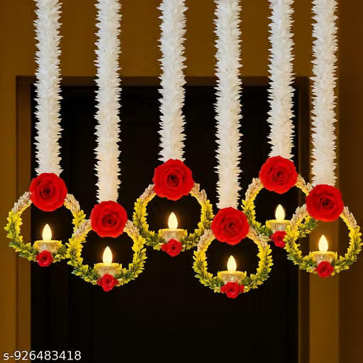 Set of 4 Wall Hangings (LED Lights - NOT Included) 20 Inch for Home Decoration, Diwali Decor, Red Flower, Handmade Diwali Decoration Psychedelic Wall & Door Valance Hanging, Style 10