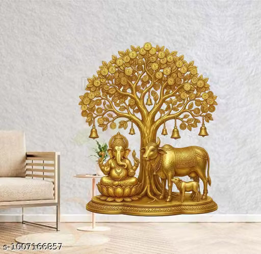 Sk Decals BazarSk Decals Bazar Golden Tree of Life with Lord Gansh , Kamdhenu Cow & Calf Wall Sticker | Diwali Home Decoration Sticker | Pooja Room Wall Decor | Self Adhesive PVC Vinyl Waterproof Wall Decal | Living Room, Entrance & Temple Decorvv