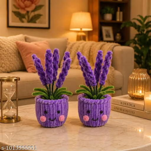 Premium Handmade Cute Lavender Flower Pot (Pack of 2) | Artificial Flower Plant | Smiley Mini Planter | Home Decor Showpiece | Office Desk Table Decoration | Cute Gift for Friends & Family