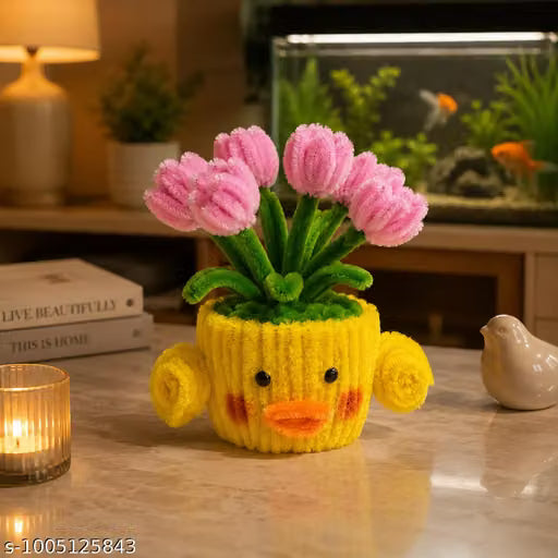 Cute Duck Handmade Flower Pot with Tulip Flowers | Pipe Cleaner Flower Vase | Aesthetic Room Decor | Office Desk Decor | Home Decoration Showpiece | Birthday Gift for Girls & Women | Handmade Gift Item.
