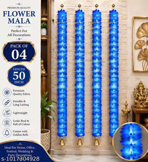 Pack of 04 - Blue Decorative Artificial Clothes Flower Garlands String with White Leaves for Diwali, Home Decoration, Pooja Room, Wall Hanging Toran, Main Door Wedding Decor – 50 inches (resumable product)
