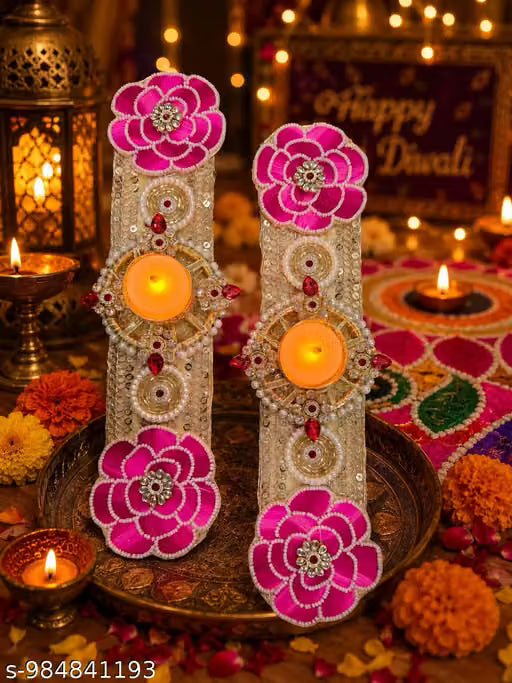 Handmade Decorative Diwali Diya Mat Set - Exquisite Floral Beadwork with Tealight Holders for Festive Home Decoration and Traditional Pooja Celebration
