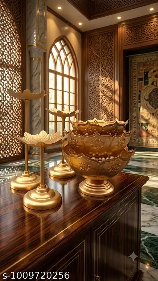 Decorative Gold Lotuss Urli Bowl and T-Light Candle Holder Set for Diwali & Pooja Decoration