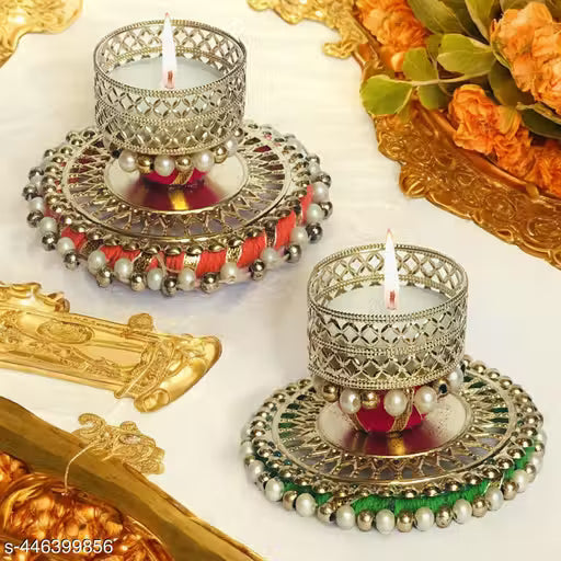 Gadinfashion™ Handmade Tealights Candle Holder Diwali Decoration/ Home Decoration/ Festive Decoration Set of 2, Color- Multi