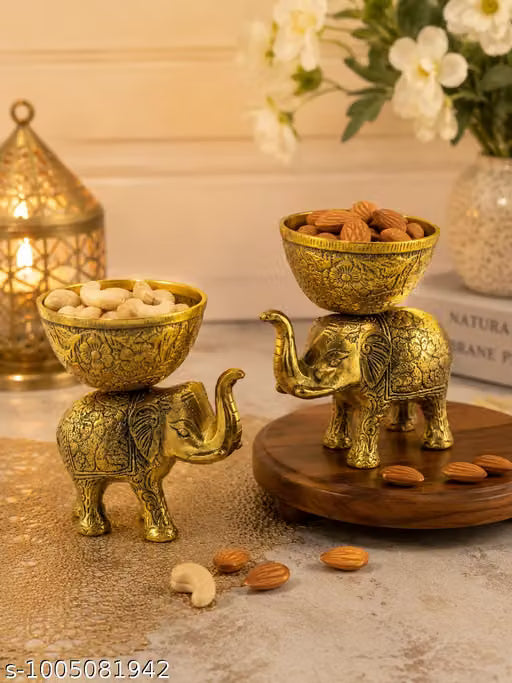 Gold Metal Elephant Dry Fruit Bowl Decorative Serving Bowl for Diwali Home Decor Prasad Mukhwas Gift 12 CM