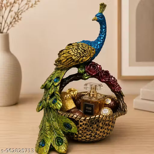Peacock Decorative Basket for Dry Fruits & Chocolates | Luxury Resin Peacock Bowl with Basket | Candy Holder, Potpourri Bowl, Tabletop Showpiece for Living Room, Home Decor & Gifts