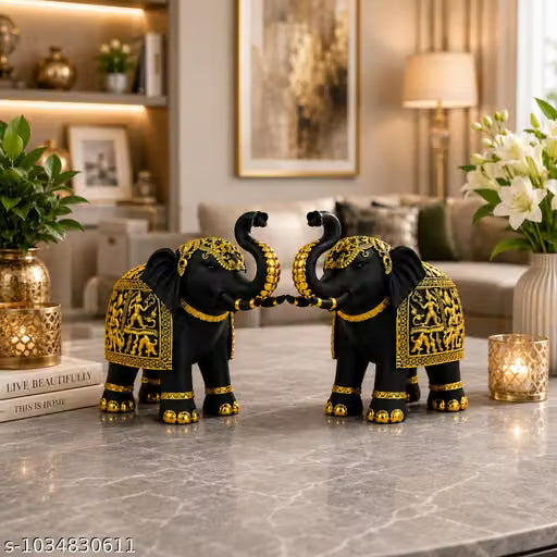 Elephant Showpiece Set for Home Decor | Luxury Polyresin Elephant Pair | Vastu Lucky Elephant Figurines for Living Room, Office, Entrance & Shelf | Decorative Animal Statue | Housewarming, Diwali & Wedding Gift SIZE-23X9X20CM