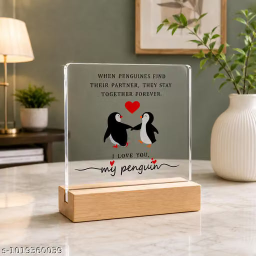 I Love You My Penguin Acrylic Love Keepsake with Wooden Stand | Elegant Romantic Gift for Him/Her | Anniversary Special 4x4 inch