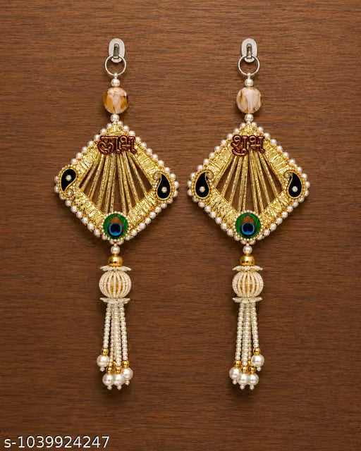 Shubh Labh Golden Wall Hanging with Pearl Tassels & Peacock Design | Decorative Door Hanging for Home Entrance, Diwali, Pooja & Housewarming (Set of 2)