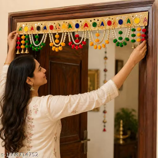 ONESTA Premium Handmade Designer Door Toran with Pearl & Pom Pom Hanging | Decorative Bandarwal for Home Entrance, Mandir, Festival, Diwali, Housewarming | Multicolor 3Feet (Size 36 Inch)