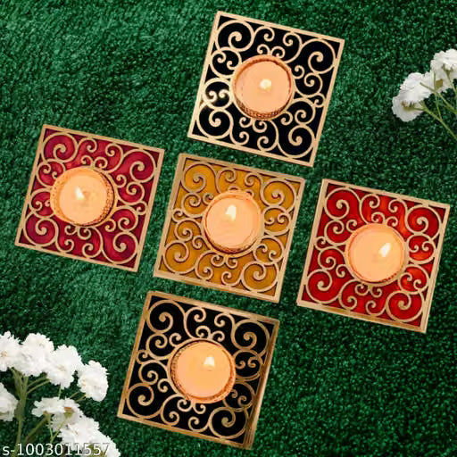 Candle Holders, Diwali Decor Items, Set of 5 MDF Wooden Candle Stand for Festival Decoration