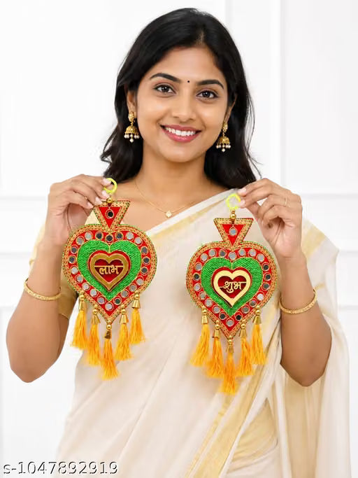 Satvik Creations Decorative Door Hanging for Home Entrance | Handmade Hanging Decor with Pom Poms & Beads | Festive Wall & Door Decoration | Diwali, Navratri, Housewarming & Pooja Decor | Pack of 2