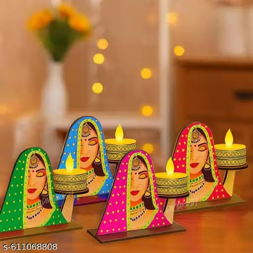 Traditional Rajasthani Lady Face Tea Light Candle Holder Set Wood (Pack of 4)