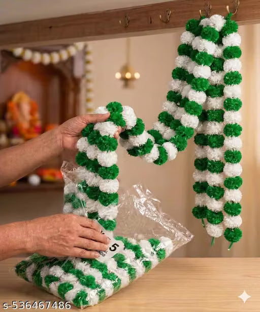 Artificial Fluffy Marigold Flower/Genda Phool Garlands | 5 Feet Long Garlands String Door Toran Set for Diwali | Door Hangings for Decoration Green and White colour Mala , Pack of 5