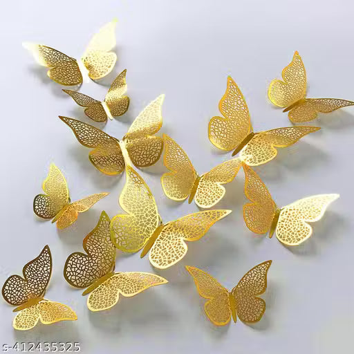 12pcs 3D Metallic Finish Home Decor Butterfly with Self-Adhesive Sticking Pads - Metallic Butterfly Decorations Party 3D Butterfly Wall Stickers (Golden-Set of 12)10 x 10 x 2 cms